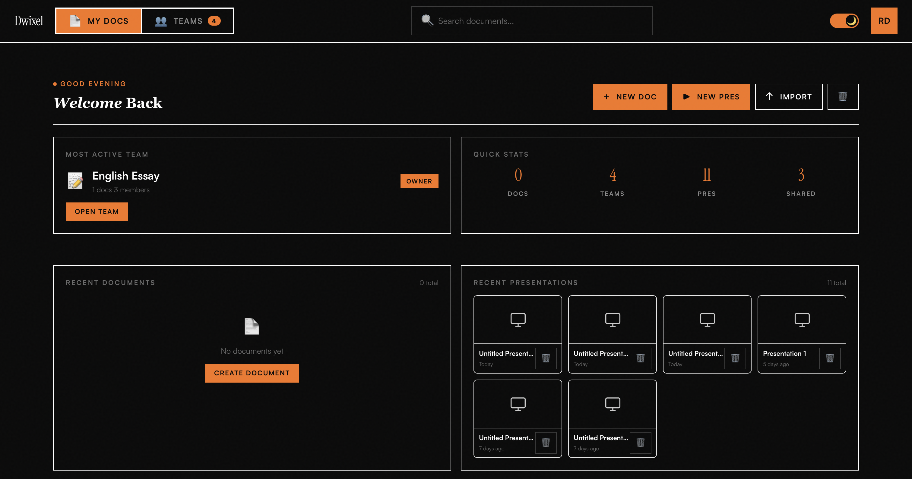 Dwixel dashboard showing documents, presentations, teams, and quick stats